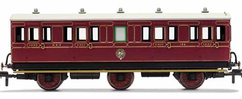 This six wheeled coach is a representation of the many which served on the North British Railway (NBR) in the late 19th and early 20th century. Small coaches such as this six wheeled coach proved especially good at branch line work where their small size enabled the traversing of tight radius curves, whilst lower passenger numbers meant their small size was more acceptable and enabled trains to be hauled by smaller engines.This NBR coach is modelled as having step boards to enable access at stations with low platforms and gas lamp lighting.