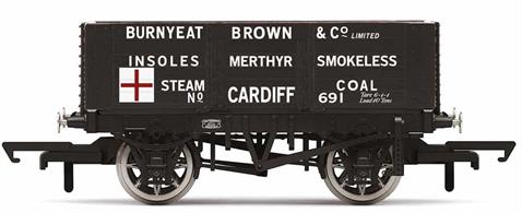 This six-plank wagon, No. 691, is presented in a livery belonging to Burnyeat Brown &amp; Co. Limited. The wagon would have been based in Cardiff and could take a load of up to 10 Tons. This wagon represents the typical freight that would be found on Britain’s railways in both the 19th and 20th century.