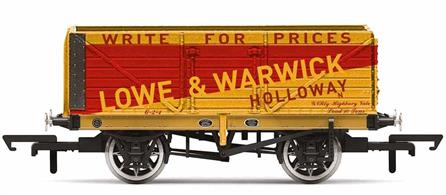 This wagon, built as part of a batch of six in August 1906, would have spent most of its life traveling between Highbury Vale goods yard near Finsbury Park and Yorkshire, Derbyshire and Nottinghamshire via either the Great Northern Railway or the Midland Railway. The wagon is painted in a livery belonging to Lowe &amp; Warwick.