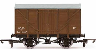 ‘Mogo’ vans were railway vans built by Great Western Railway (GWR) in order to transport motor vehicles. Each van could only take a single vehicle which was loaded by driving through doors in the end of the van. The van additionally featured side doors so that it could be used to transport normal goods if not needed as a motor transporter. 350 wagons were built by GWR with the first appearing in 1933.