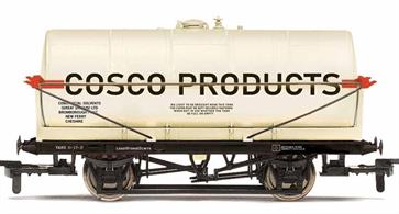 This 20T tank wagon features the livery of Cosco Products and would be based at Bromborough Port in Cheshire. This example is typical of the tank wagon traffic that would be found on British railways in the 20th century. Tank wagons were divided into class A and Class B with the less common Class A wagons being built to contain more volatile substances. Prototypically this wagon would be found in the late 1930s.