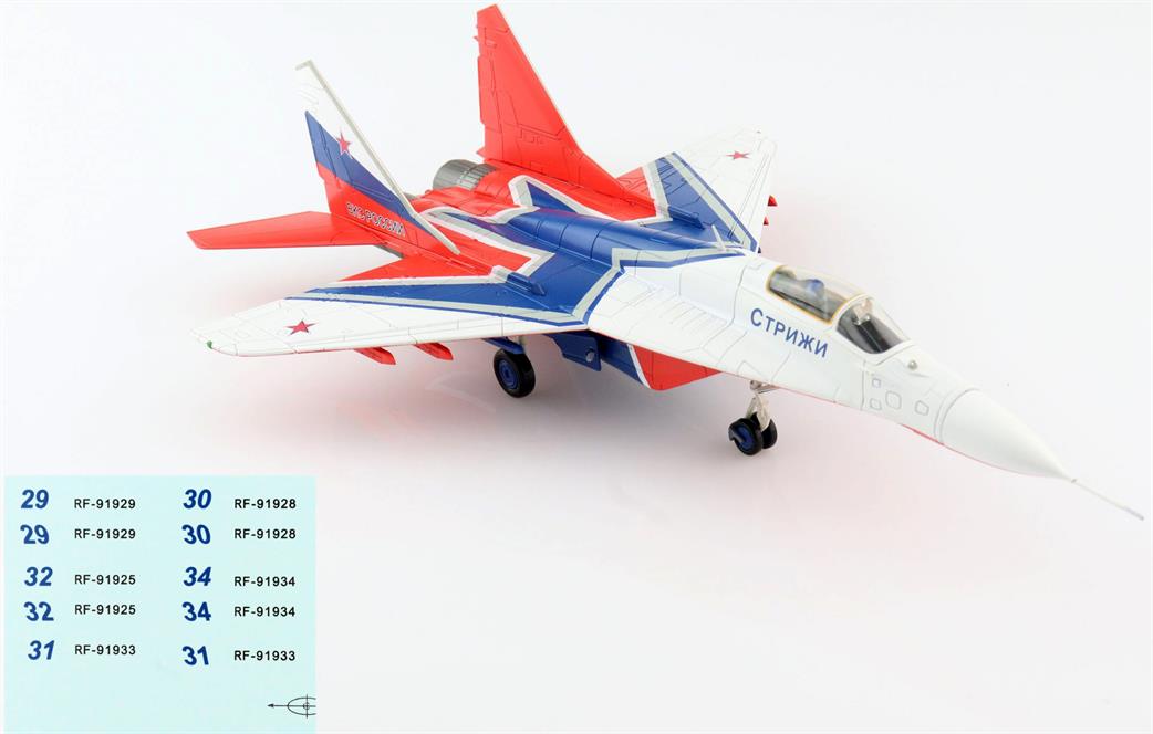 Hobby Master HA6511B MIG-29 Strizhi Aerobatic Team Russian Air Force 2019 with decals for number 29 30 31 32 34 1/72