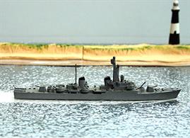 A 1/1250 scale second-hand model of Indomito, an Italian destroyer of 1958 by Hansa S58. The model is in matt medium grey which has become shiny by handling either side of the bow, see photograph.
