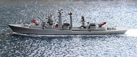 A 1/1250 scale second-hand model of a Kashin-class destroyer by Delphin D25. This model is in very good condition, see photograph