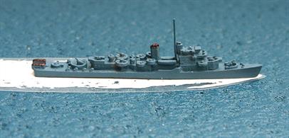 A 1/1250 scale second-hand model of USS Bostwick by Hansa S13. This model isin very good condition and has been camouflage painted in blue overall with the mainmast reduced to provide all round AA fire later in WW2, see photograph