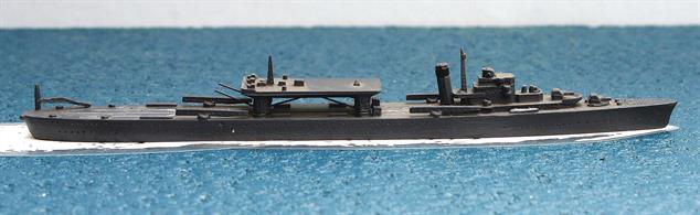 A 1/1250 scale second-hand model of Chitose the Japanse seaplane tender in 1936. This model is in very good condition in original dark grey with a few glue streaks on the main weather deck, see photograph.