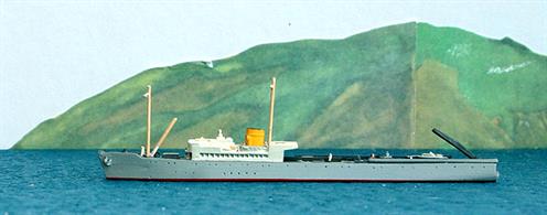 A 1/1250 scale second-hand model of the Friesenland a Lufthansa seaplane tender. This ship was purpose-built to support the Lufthansa transatlantic airmail service in 1937. The plastic masts and crane were missing from this model and have been replaced after reference to contemporary photographs.