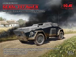 The Sd.Kfz. 247 was an armored command car used by the German Armed Forces during WWII. During the war 58 four-wheeled vehicles Sd.Kfz. 247 Ausf. B were built. It based on the Horch 108 chassis. Length 144 mm, height 53 mm, includes 247 parts. Decal sheet of 4 variants is included.