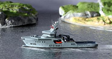 A 1/1250 scale waterline model of Harstad, a modern Norwegian customs vessel made by Rhenania Junior Miniaturen in metal and fully painted.