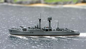 A 1/1250 scale model of HMS Chichester by Albatros SM, Alk342ASister ship of HMS SALISBURY, built at Fairfield Shipbuilding &amp;Engineering, Govan. Completion: 1958. Before various renovationsthe ships of the class still have lattice masts. This shows this original stateModel.In 1981, HMS Chichester was scrapped.