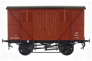  The BR ventilated meat vans were readily identifiable by the column of four ventilator bonnets down the central panel of the pressed steel ends and louvre vent panels either side of the doors. These vans were originally painted in the passenger crimson livery, but as the premium rate perishables business declined most were repainted into the standard fitted goods bauxite livery and used as general purpose ventilated box vans.