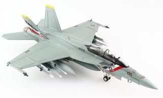 Hobby Master HA5122 1/72nd F/A-18F Super Hornet NE100/165916, VFA-2 "Bounty Hunters", USS Abraham Lincoln, 2012On July 1, 2003 VF-2 became VFA-2 “Bounty Hunters” and converted from the F-14D to the F/A-18F Super Hornet. VFA-2 is based at NAS Lemoore, California and use NE as their tail code and “Bullet” as their callsign. From 2001 until 2020 the improved Block II F/A-18F’s were produced and equipped with AESA radar. F/A-18F NE100/165916 c/n F062 wears a patriotic red, white and blue stripe around the front portion of the fuselage called the “Langley Stripe” in reference to the markings of aircraft flown from the first USN carrier USS Langley.