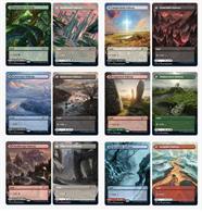 A deluxe set of 10 borderless foil modal double-faced Pathway land cards, featuring exclusive 'plane-swapped' art, with five plastic card holders to keep them pristine!