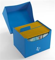 Blue side loading deck box for holding over 100 standard sized gaming cards in deck protectors.