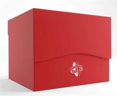 Red side loading deck box for holding over 100 standard sized gaming cards in deck protectors.