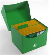 Green side loading deck box for holding over 100 standard sized gaming cards in deck protectors.