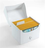 White side loading deck box for holding over 100 standard sized gaming cards in deck protectors.