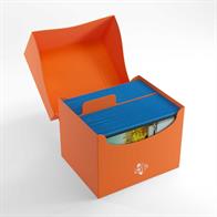 Orange side loading deck box for holding over 100 standard sized gaming cards in deck protectors.