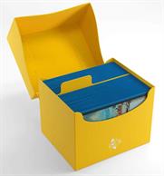 Yellow side loading deck box for holding over 100 standard sized gaming cards in deck protectors.