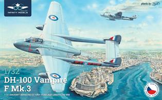 Infinity Models INF3203 DH-100 Vampire• 169 plastic parts on 6 sprues including 13 clear parts • 39 photoetched parts on 2 frames • 2 paint schemes and a full set of technical stencils Dimensions of the assembled model: • 294 mm length • 377 mm span