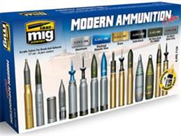 All the acrylics you need for modern ammunition. This set includes A.MIG-194 ALUMINIUM and A.MIG 196 WARHEAD METALLIC BLUE, A.MIG 197 BRASS, A.MIG-032 SATIN BLACK, A.MIG-081 US OLIVE DRAB and A.MIG-212 SILVE GREY. 