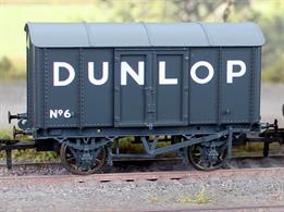 Wagons constructed to the the iron mink design were offered by several private wagon builders, with wagons being constructed for railway companies and private operators. Cement companies purchased a significant number of these wagons, the iron bodies offering a very good level of weather protection, essential for a load which needed to arrive perfectly dry.Model finished as Dunlop wagon number 6 in plain black livery.