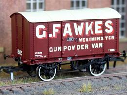 .The GWR iron bodied 'Iron Mink' vans made an excellent base for duties where a strong and secure wagon was required. Many vans of similar design were built by other railways and for private owners by railway wagon works. Regular uses were for flour and cement, which needed to be kept dry during transport and for the secure conveyance of explosives, classified as Gunpowder Vans. Gunpowder vans in particular were frequently given a distinct livery to alert railway staff to the hazardous cargo. This Rapido Trains Iron Mink model is finished as G Fawkes gunpowder van numbered 1605.An interesting livery, though we believe Mr Fawkes gunpowder lacked the bang of some competitors products....
