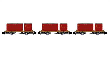 Triple pack of N gauge British Railways long-wheelbase Conflat P wagons, each loaded with type A and BD containers all in crimson livery.Wagon B932869 with containers A199B and BD6240B, wagon B933387 with containers A288B and BD46522B and wagon B933059 with containers A1379B and BD7388B.