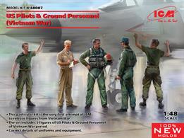 This particular kit is the very first attempt of ICM to release figures from Vietnam War. The set includes 5 figures of US Pilots &amp; Ground Personnel of Vietnam War period. Correct details of uniforms and equipment