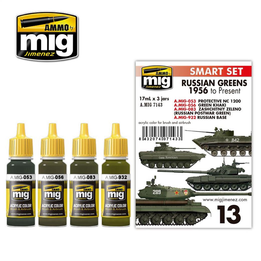 Ammo of Mig Jimenez  A.MIG-7143 Smart Set Russian Green 1956-Present Acrylic Paint Set 17ml Jars x 4