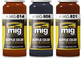 All products are acrylic and are formulated for maximum performance both with brush or airbrush and the Scale Effect Reduction allowing users to apply the correct colour to their model. Water soluble, oderless and non-toxic. Shake well before use. We recommend MIG-2000 Acrylic Thinner for correct thinning. Dries completely in 24 hours.