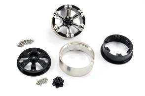Suitable for most popular 1/10th scale crawlers with a 12mm Hex fitment, these all aluminium 1.9” sized, 3-piece beadloc wheels are the ultimate finish to any scale rig. Featuring a black anodised and machined face, these 6-spoke wheels mirror the aggressive styling of full size all terrain designs. Once mounted on your rig a bolted centre cap hides your wheel nut and axle assembly for a truly stunning finish. Furthermore the heavy centre ring adds much needed weight on all four corners to keep your chassis on the ground and ready to drive up and over any terrain.