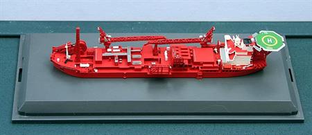 A 1/1250 scale model of a floating production storage and off-loading platform by Rhenania Junior RJ380. The former tanker, Petrojarl Cidada Rio das Ostras spent much of its operational life off the coast of Brazil where it was used in the early stages of the development of new fields. The floating platform was sold for scrap in March 2020and sent to Alang. Because of the wealth of fine detail on this model, it comes mounted on a plinth with a clar plastic dust cover which has been temporarily removed for photography.