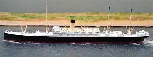 RMS Ceramic, a waterline 1/1250 scale model of a White Star liner built for the ASustralia Service in 1913. Ceramic served as a troopship during WW1 but returned to the Australia Service and included visits to New Zealand between the wars. She was called up again as a troopship in WW2 and was sunk in mid-Atlantic in December 1942 by U555. There was only one survivor who was rescued from an up-turned lifeboat by another U-boat.