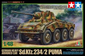 1/48 scale assembly kit of the Sd.Kfz 234/2. • Suspension with complex structure is concisely depicted. • Includes a variety of accessories such as jerry cans, canvas rolls, drum cans, etc. • Comes with 3 types of marking options which depict the Wehrmacht at the end of WWII. • Parts for vehicle model are made by Italeri.