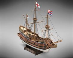 Mini-Mamoli wood ship kit with pre-carved hull building a 1:100 scale model of Sir Francis Drake's ship Golden Hind of 1577.Finished model length 255mm, height 200mm.