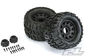 This is a pair of pre-mounted Trencher X 3.8" All Terrain Truck Tires. Leave a mark with your Monster Truck wherever you are with Pro-Line's Trencher X tires. The Trencher X tires are designed to give your MT optimal traction on just about any surface. Super cool horizontal H shaped treads give your MT ridiculous amounts of forward bite. With tread height at 1/4" tall, you'll find that durability and longevity are second to none.