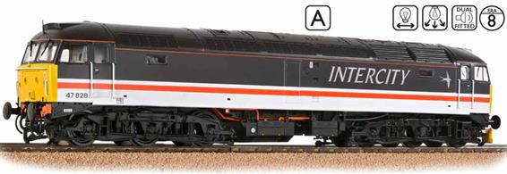 New, high-specification model of the Brush type 4 BR class 47 diesel locomotives featuring very fine detailing with greater depth, relief and range of variations. New detailing includes improved bogie sides with secondary suspension detail, several fuel and water tank options, highly detailed pipes and cable trunking, many cab end variations, cab interiors with fittings moulded in relief and engine room interior modelled behind the windows. Fitted with directional, cab and engine room lighting, twin speakers for sound upgrade, plux22 decoder socket and 5-pole motor driving all axles, which are not carried in brass bearings.Model finished as ETS and twin fuel tank fitted 47828 in InterCity swallow livery with the Serck radiator louvres, rebuilt cab ends, sealed beam headlamp and part-covered cab roof vent.
