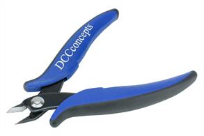 Exclusively made for DCCconcepts. These super sharp cutters have a flat back for a perfect flush cut and have been hardened to the limits to stay sharp. They should be used with one jaw on the bottom of the rail so they cut vertically – doing this gives the cleanest and most stable cut and lessens stress on the tool, lengthening life. Use ONLY for nickel silver, brass or mild steel rail (Do not cut turnout actuators or track pins which will damage the super fine sharp jaws).