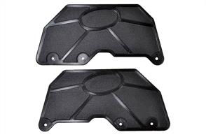 RPM Mud Guards work with RPM80812 A-arms exclusively (for the ARRMA Kraton 8S). They prevent sandblasting of your shocks and shock shafts, prolonging the life of your shocks and shock shafts while reducing maintenance of the shock shaft seals. Additionally, by keeping debris kicked up by your front wheels off of your rear driveline and suspension components, these key mechanisms will last longer and run much smoother between cleanings