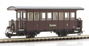Nicely detailed model of the 4 wheel open balcony coaches used on the Zillertalbahn in Austria. A common design used by the Austrian narrow gauge railways until the 1950s many remain in use, mostly now on steam-hauled tourist trains. Examples are also in use on the Welshpool &amp; Llanfair Railway in Wales, supplied from the Zillertalbahn for the re-opening of the Welsh line as a heritage railway and a notable feature of the Welshpool line ever since.