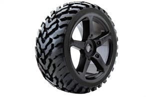 FASTRAX 1:8 TRUGGY ARROW MTD ON 5-SPOKE BLACK 0 OFFSET(PR) Suitable for all 1/8 off road truggy applications with 17mm hex adaptors. Sold as pair.