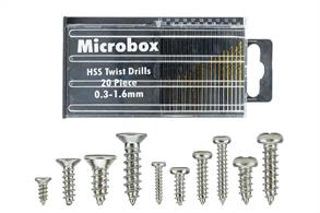 Un-lose those tiny screws by picking a suitable replacement from this pack of 16 sizes on tiny screws! Supplied with a 20-piece drill set for use when the hole is in the wrong place....Contents Panhead screws (60x 1.0x3mm, 60x 1.0x5mm, 60x 1.0x8mm, 60x 1.5x4mm, 60x 1.5x6mm, 60x 1.5x8mm, 60x 2.0x5mm, &amp; 60x 2.0x8mm)Countersunk screws (60x 1.0x3mm, 60x 1.0x5mm, 60x 1.0x8mm, 60x 1.5x4mm, 60x 1.5x6mm, 60x 1.5x8mm, 60x 2.0x5mm, &amp; 60x 2.0x8mm)20 piece drillset with HSS titanium covered drills covering 0.3 to 1.6mm.