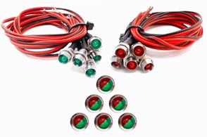 A pack of 6x red/green chrome mount pre-wired bi-colour 3mm LEDs.3mm LED in 1/4? chromed brass mount. Leads 300mm, resistor already added, safe voltage range 12 to 15 volts DC.