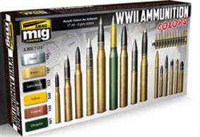 A basic set with the most usual colors used in WWII ammunition. Includes paints for ammunition belts and German, USA, Soviet and British tank shells. Some rounds had the projectiles painted in different colors -like yellow and green- but others were metallic or black. Check your book references or the web to paint your ammo in the right colors. Three all-new metallic paints included, with a new formula that provides a outstanding finish which was only attainable before using lacquer paints, but now with odorless and non-toxic acrylics. Water soluble, odorless and non-toxic. Shake well before each use. Each jar includes a stainless steel agitator to facilitate mixture. We recommend A.MIG-2000 Acrylic Thinner for a correct thinning. Dries completely in 24 hours.