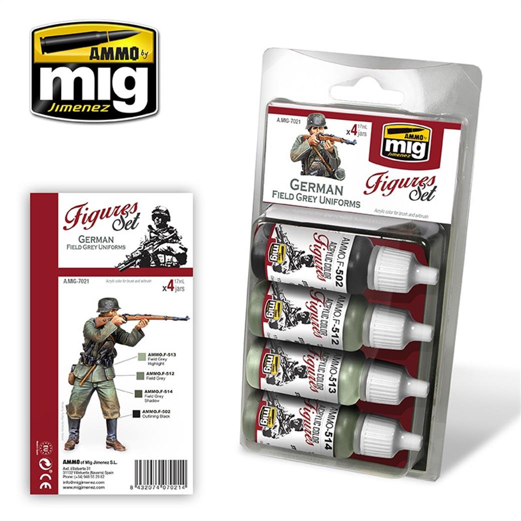 Ammo of Mig Jimenez  A.MIG-7021 German Field Grey Uniforms  Paint Set 4 x 17ml