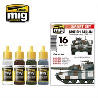 A collection of colors used by the British Army for the most popular camouflage patterns used from 1988 to 1991 in Berlin. All 4 jars are acrylic and formulated for maximum performance both with brush and airbrush. The Scale Reduction-Effect will allow us to apply the correct color on our models. Water soluble, odorless, and non-toxic. Shake well before each use. Each jar includes a stainless steel agitator to facilitate mixture. We recommend A.MIG-2000 Acrylic Thinner for correct thinning. Dries completely in 24 hours. Included colors: A.MIG-050 MATT WHITE A.MIG-070 MEDIUM BROWN SARK EARTH (BS 450) A.MIG-084 NATO GREEN A.MIG-210 FS 35327 BLUE GRAY AMT-11