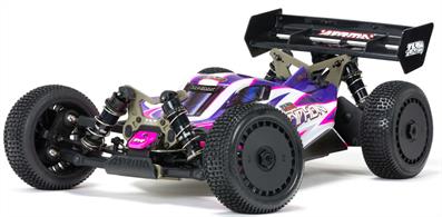 Loaded with high-end parts for improved strength, handling, and long-term durability, the 1/8 scale ARRMA® TLR® Tuned TYPHON™ 4WD Race Buggy Roller provides bashers with the perfect platform for entering competitive racing and experimenting with their chassis to achieve the best performance.The large number of TLR® Tuned parts and factory-finished body with bold racing colour scheme immediately set this model apart from its ready-to-run TYPHON™ 6S BLX 4WD Speed Buggy brother. The TLR® Tuned TYPHON™ 4WD Race Buggy Roller is the ultimate ARRMA® 1/8 scale buggy straight out of the box, primed and ready to hit the racetrack - and still tough enough to handle off-road bashing. Just add your choice of 4S or 6S brushless power system and the TLR® Tuned TYPHON™ will blast over rough terrain with ease.The durable TLR® Tuned aluminium upgrades include the chassis plate, steering rack, adjustable upper and lower suspension hangers, shock bodies, and front and rear shock towers. All are laser-etched with the TLR® Tuned logo. The chassis also features strong composite side pods and front and rear braces. The oil-filled, adjustable shocks have machined tapered pistons and Extreme Bash stand-offs.