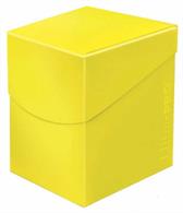 Yellow deck box for holding over 100 standard sized gaming cards in deck protectors.