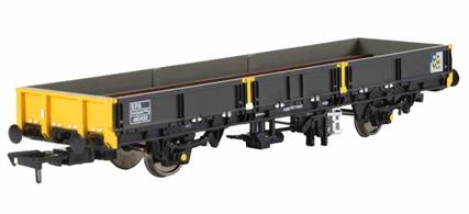 Detailed model of the BR Railfreight SPA low-sided, air-braked steel carrier wagon finished in Railfreight Metals sector dark gery livery.As part of the development of the long wheelbase air braked wagons intended for fast goods trains a flat bed stake sided steel carrier wagon was produced. This proved ill-suited for many steel products, so following trials with a low-sided body 1,1000 SPA wagons were built. These have low, steel drop-door side bodies able to retain coiled products like rod/wire and featured floor bolsters suitable for loading and unloading by fork-lift truck.As with many of the air-braked wagons there have been many subsequent modifications, both for revenue and departmental uses.